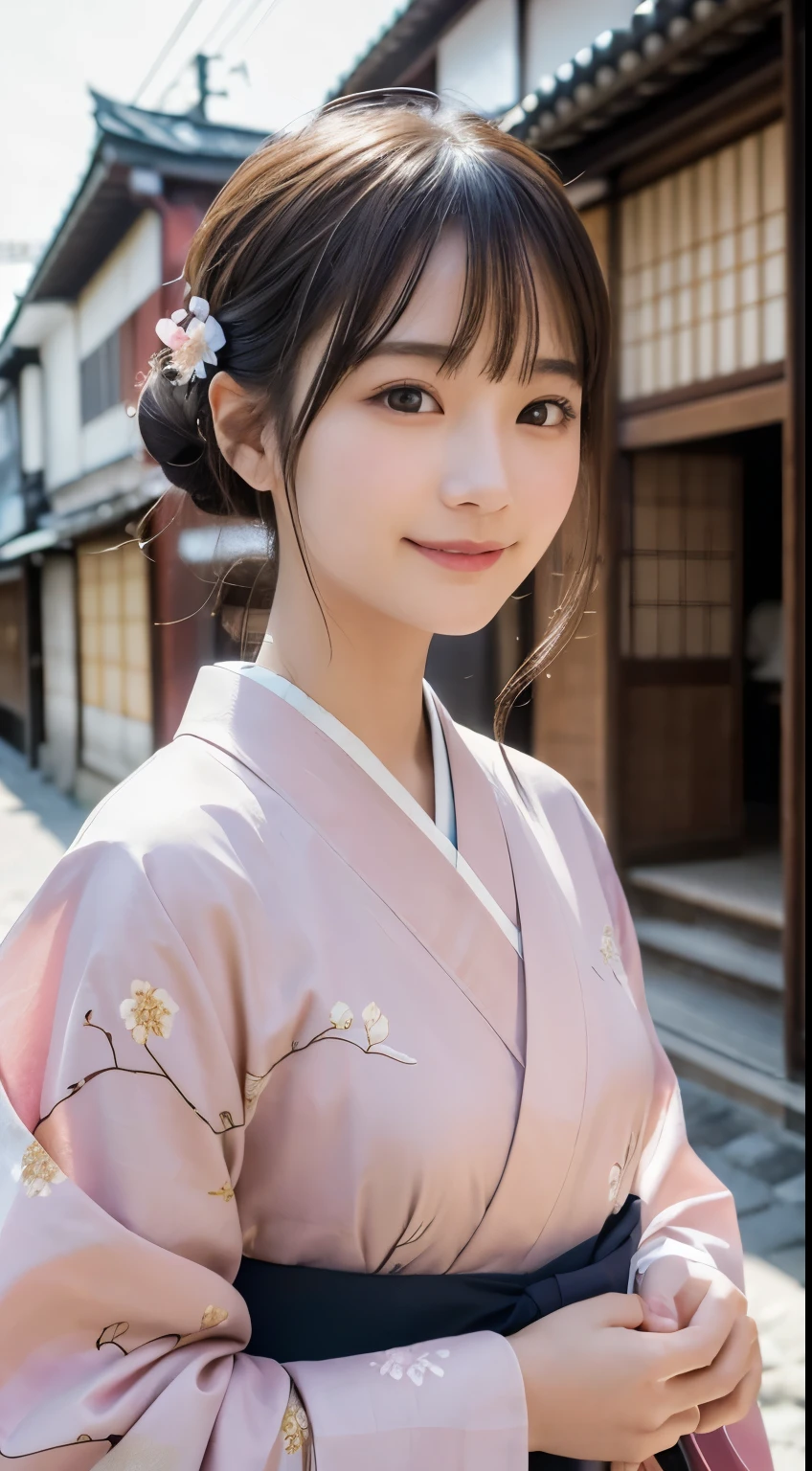 professional lighting,(Photoreal:1.4), (Top image quality:1.0), (超A high resolution:1.0), 8k, Raw photography, (masterpiece:0.2), (Pueros face_v1:0.5)、(最高quality Detail:1.2)、realistic、8k UHD、High resolution、(1 girl:1.2)、超detailedな、High quality textures、intricate details、detailed、Very detailed CG、High quality shadows、detailed 美しく繊細な顔、Beautiful details and delicate eyes、(symmetrical eyes:1.2),Depth of the bounds written、ray tracing,1 girl, japanese girl, (natural smile:1.4),cute, thin, Portrait of a beautiful Japanese woman wearing a kimono, Standing elegantly on a street corner in Kyoto. A kimono with bright traditional patterns, Hair decorated with an elegant and delicate hairpin, and a gentle expression. (Against the backdrop of the old streets of Kyoto:1.4)、soft light on a spring afternoon、adds tranquility to the scene. Rendered in a realistic style with great attention to detail, High resolutionの画像.sky porn, magic hour, (realistic:1.3), finely, quality, (table top:1.2), (realistic:1.2), (最高quality), (複雑なdetailed), dramatic, ray tracing, photograph, +roller