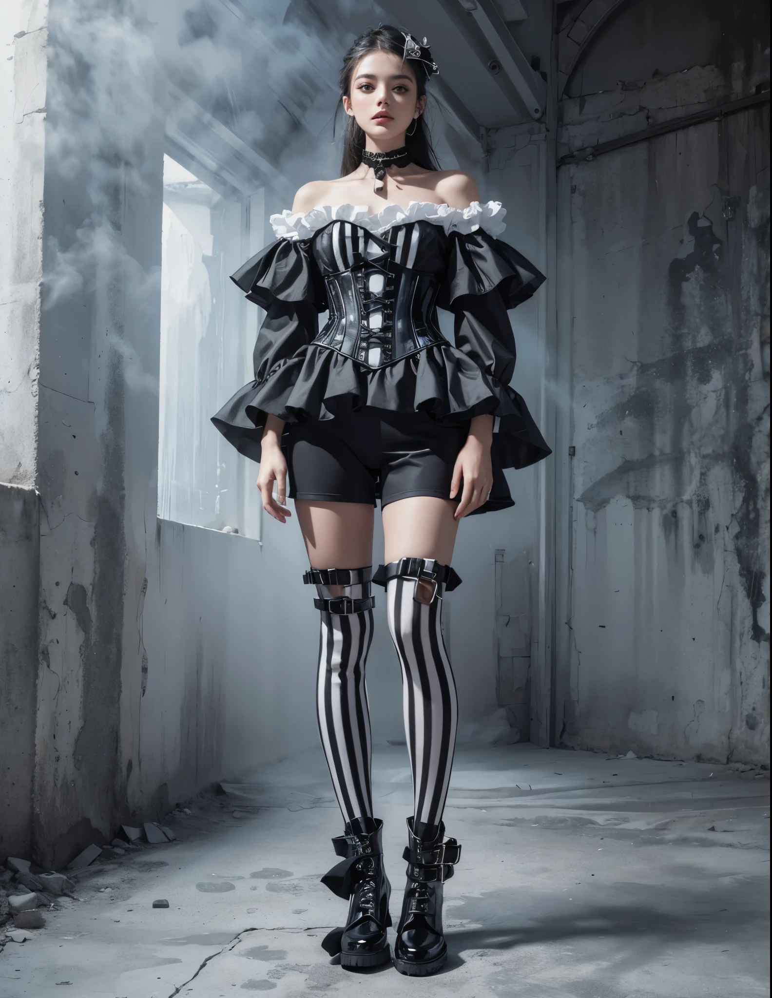 (Realistic, 8k, ultra Detailed, masterpiece, best Quality), fog and mist Blurred background, Perfect and beautiful concrete background, Inorganic and nostalgic white lighting,
1girl, standing,
BREAK
(mode fashion:1.4), Monochrome Pierrot Costume,
Opt for a fitted corset bodice with black and white diamond patterns, accentuating the waist, Layer with a ruffled, off-the-shoulder blouse in contrasting black and white hues, adorned with oversized bows for a whimsical touch,
BREAK
Pair with high-waisted pumpkin pants in a bold gray hue, featuring exaggerated ruffles or pleats for added volume and drama,
Accessorize with black and white striped stockings or tights, and patent leather ankle boots with oversized buckles for a modern twist on classic clown footwear,
BREAK