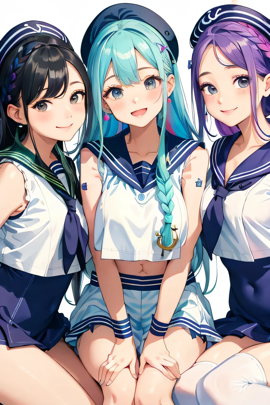 highest quality、High resolution、detailed background、beautiful and detailed face、beautiful and smooth skin、skin texture、cute braided ponytail、(huge breasts:1.2)、(three beautiful girls:1.5)、 ((Cute colored sleeveless sailor suit:1.5))、white sailor collar、Pleated mini skirt with tartan plaid pattern、white knee high socks、white overknee socks、amusement park、pantiesショット、Laugh playfully、smile、smile、cute colored stripes々panties、Cute colored bra、emphasize cleavage