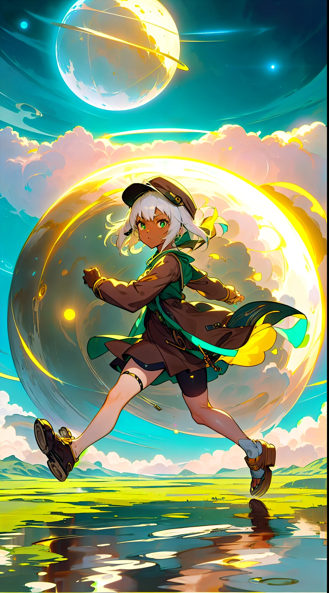 ((Girl wearing a green cap and brown Dress)), (black skin), (ahoge hair) , (white hair) , ((running)) , ((planet with a blue sky and a blue moon)) , (heaven planet) , official art, by Yoshihiko Wada, inspired by Yoshihiko Wada, guweiz, today's featured anime still, anime key visual concept, artwork in the style of guweiz, by Yamagata Hiro