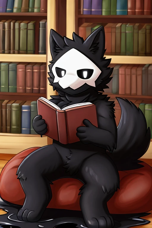 Wolf, fluffy, gooey, sitting down on brown pillow, black fur, black, black short hair, white eyes, smile, library room, background ,puro, mask, buff. black slime puddle, reading book