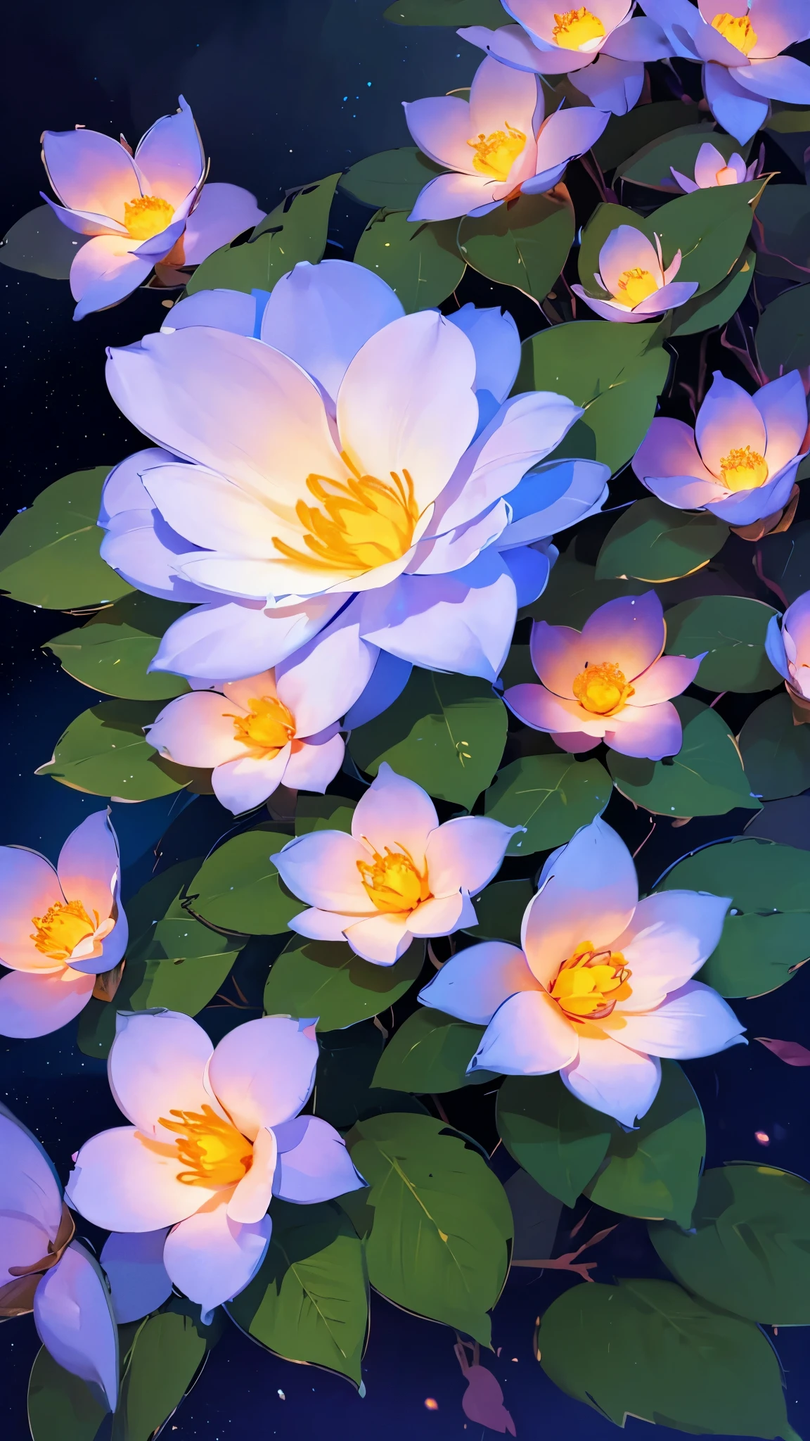 flowers in the night with a crescent and stars above them, glowing flowers, 🌺 cgsociety, luminous flowers, soft flowers, glowing delicate flower, magical flowers, glowing, by Yang J, loish and wlop, by Ni Tian, glowing lights! digital painting, ross tran. scenic background, pretty flowers, glowing neon flowers, by Ross Tran, soft digital painting