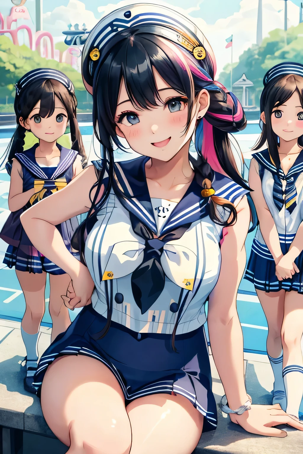 highest quality、High resolution、detailed background、beautiful and detailed face、beautiful and smooth skin、skin texture、amusement park dates、Large parks、cute braided ponytail、(huge breasts:1.2)、(three beautiful girls:1.5)、 ((Cute colored sleeveless sailor suit:1.5))、white sailor collar、Pleated mini skirt with tartan plaid pattern、white knee high socks、white overknee socks、pantiesショット、Laugh playfully、smile、smile、cute colored stripes々panties、Cute colored bra、emphasize cleavage