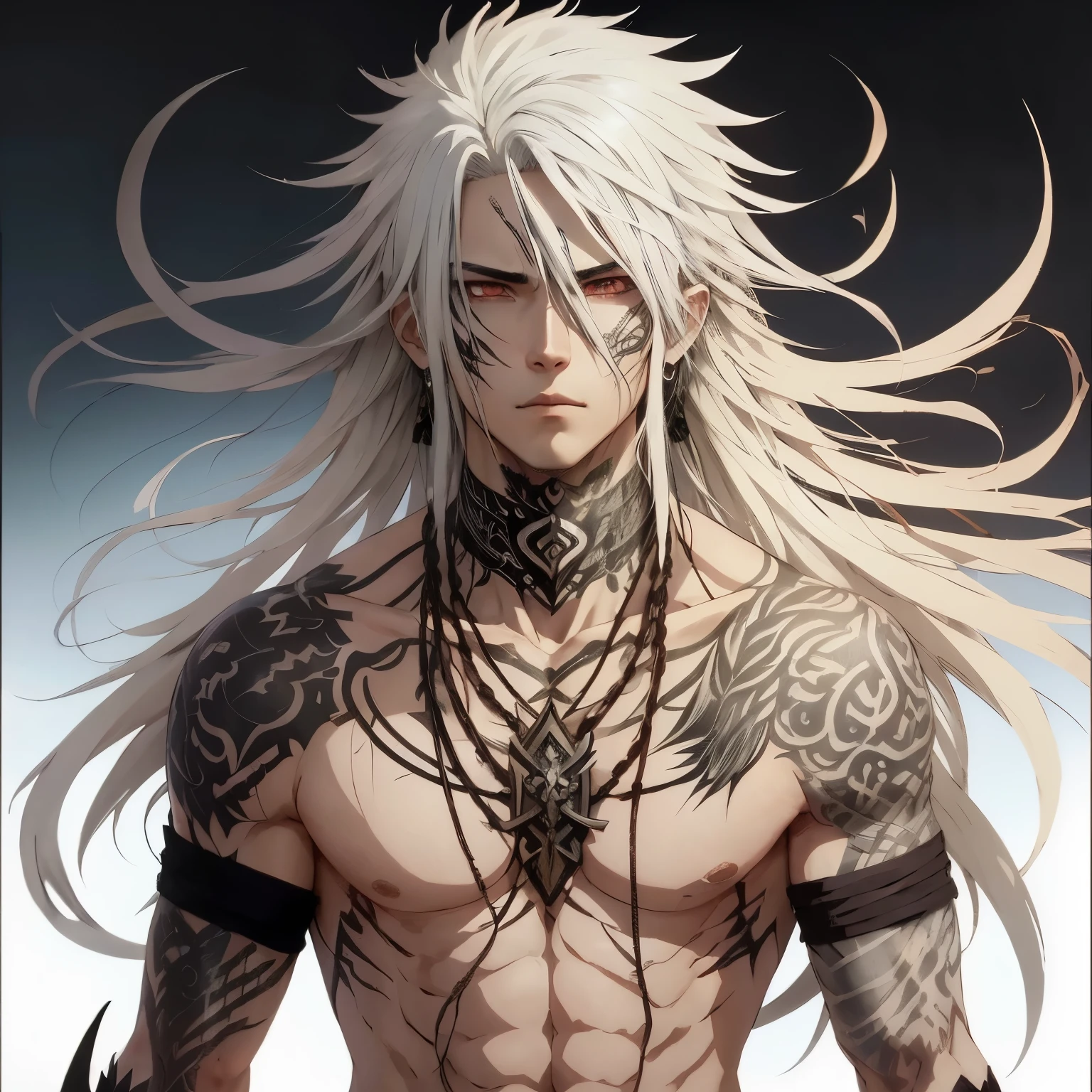 anime man with white hair and tattoos in front of a blue sky, menino tribal de anime com cabelo comprido, cabelos brancos deity, male personagem de anime, lindo deus masculino da morte, detailed personagem de anime art, com longos cabelos brancos, cabelos brancos, personagem de anime, cara de anime alto com olhos azuis, com cabelos longos brancos, cute japanese demon boy, handsome guy in demon slayer art