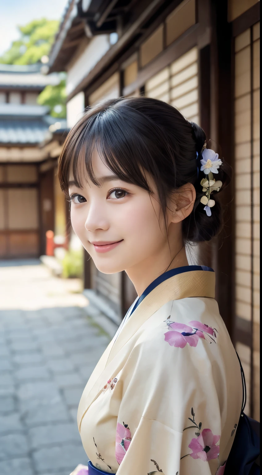 professional lighting,(Photoreal:1.4), (Top image quality:1.0), (超A high resolution:1.0), 8k, Raw photography, (masterpiece:0.2), (Pueros face_v1:0.5)、(最高quality Detail:1.2)、realistic、8k UHD、High resolution、(1 girl:1.2)、超detailedな、High quality textures、intricate details、detailed、Very detailed CG、High quality shadows、detailed 美しく繊細な顔、Beautiful details and delicate eyes、(symmetrical eyes:1.2),Depth of the bounds written、ray tracing,1 girl, japanese girl, (natural smile:1.4),cute, thin, Portrait of a beautiful Japanese woman wearing a kimono, Standing elegantly on a street corner in Kyoto. A kimono with bright traditional patterns, Hair decorated with an elegant and delicate hairpin, and a gentle expression. (Against the backdrop of the old streets of Kyoto:1.4)、soft light on a spring afternoon、adds tranquility to the scene. Rendered in a realistic style with great attention to detail, High resolutionの画像.sky porn, magic hour, (realistic:1.3), finely, quality, (table top:1.2), (realistic:1.2), (最高quality), (複雑なdetailed), dramatic, ray tracing, photograph, +roller