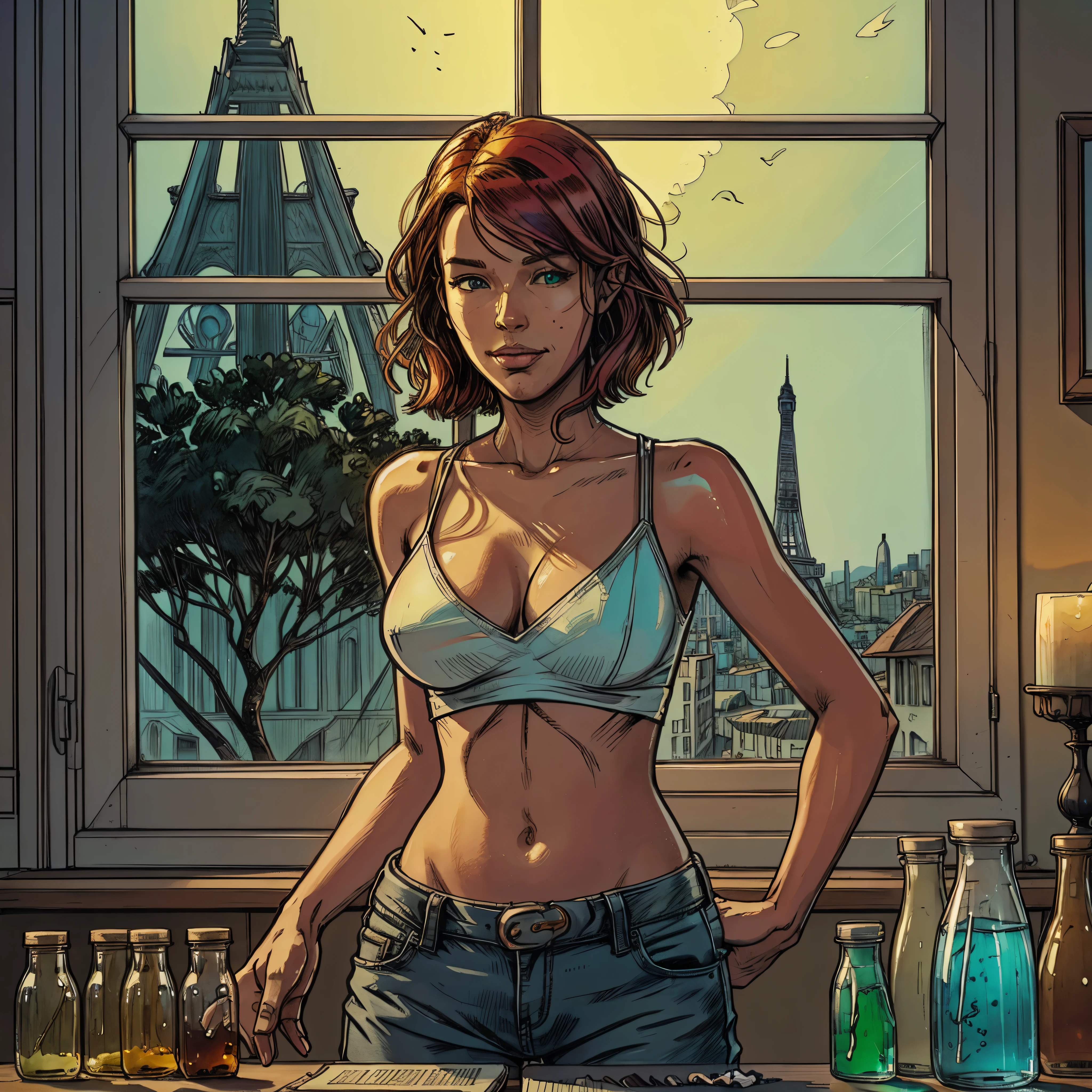 Native {Celestial hues, lofi, shiny aura, oil shine, cute, black girl in a crop top and baggy jeans, big pretty eyes, golden tribal markings,beautiful, epic perfect brights eyes, full lips, backc fullbody shot,back view,face smile teeth howling view, reddener, emotionnal embarassed} natural (perfect dark skintone perfect flawless face dynamic pose intricate glowing motifs beautifully detailed floral organic tracery) nature (epic Eiffel geometric perfect composition digital painting artstation concept art smooth Carne-Griffiths pixar Victo-ngai Jean-Baptiste-Monge line_drawing), Grand Nature Back-View tmasterpiece, Alchemist is mixing potions and is going through a moment of discovery. Man alchemist, strong, More masculine face, short beard, low beard, big chin, strong jaw, big jaw, very masculine features, short hair, detailed art, medieval laboratory, vibrant colors, super detailed, vision away The alchemist is sitting in front of a mixing table, surrounded by several vials of colored liquids and powders. There is a large shelf behind it, lined with different jars, jars and bottles filled with various potions and ingredients. The scene takes place in a medieval laboratory, overlooking the city through a window. It's noon, and the room is filled with natural light. bright_color dappled_sunLight equirectangular deep path optimal meticulously intricate ultra_high-details ultra_high-resolution ultra pro-Photo-realistic ultra_high-quality ultra_high-definition UHD XT3 DSLR HDR extreme improved Octane-render opengl-shaders glsl-shader romm rgb pbr 3DCG fxaa global illumination cgi vfx sfx fkaa txaa rtx ssao post-processing post-production cell-shading tone-mapping Ultra_sharp-focus accurate max saturate reflex Vivid DSLR color-coded rich_colors colorful luminescence volumetric Cinematic_Sunrise lightning contrast augmented sundrop backlight "Heavy Metal" Will-o'-the-wisp dazzling Symmetrical saturate reflection varied multi etc. --v6 --s1000 --c20 --q5 --chaos100
