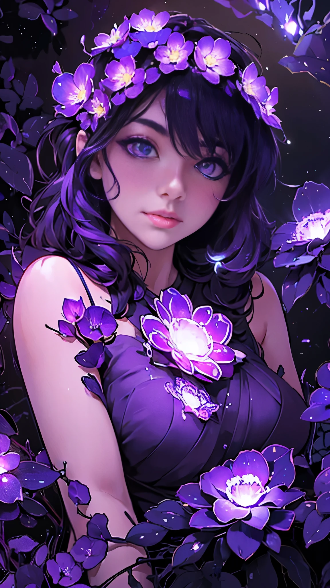 flowers in the night with a crescent and stars above them, glowing flowers, 🌺 cgsociety, luminous flowers, soft flowers, glowing delicate flower, magical flowers, glowing, by Yang J, loish and wlop, by Ni Tian, glowing lights! digital painting, ross tran. scenic background, pretty flowers, glowing neon flowers, by Ross Tran, soft digital painting