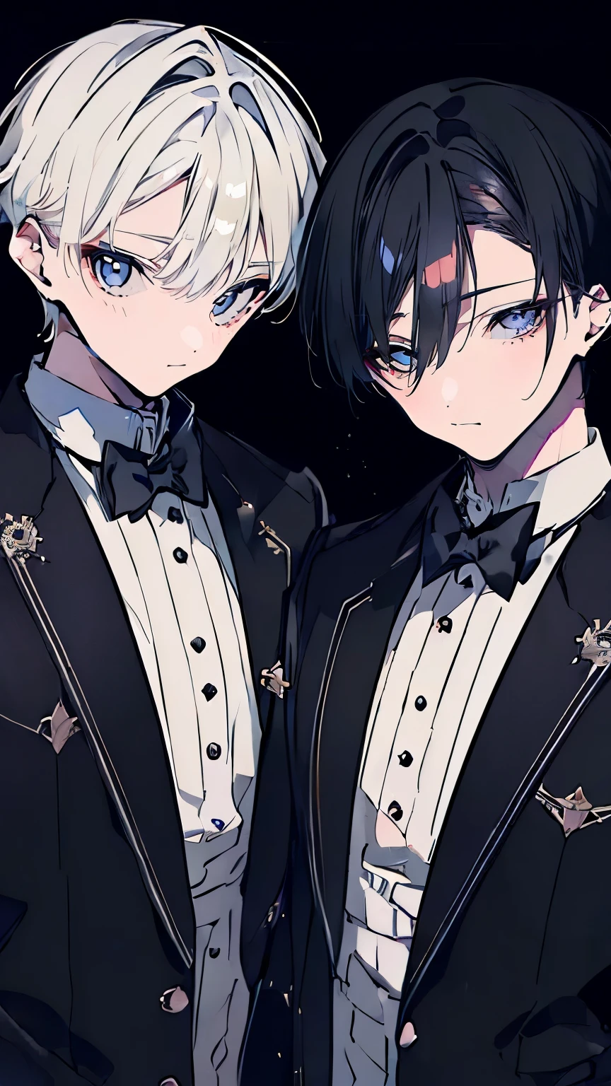 very detailed, ((two friendly young men:1.5)), perfect face, beautiful face, very detailed顔，(black-haired young man:1.3)，(white-haired young man:1.3)，ruffle shirt，smile，flower