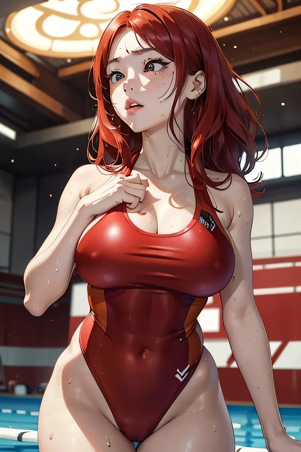 looking up from below、show her pussy,actual、Super high chroma、8k、Long red hair(((30 year old woman)))、((((She is wearing a red competition swimsuit。))))、competitive swimmer、big breasts、Thick thighs、Pay attention to muscle development。競泳プールolympic Comcompetitive swimmerics stadium 美しい顔, Highly detailed face and skin textures, (Eyes have small wrinkles, double eyelids, thin eyebrows, glitter eyeliner: 1.2, natural cheeks, skin shiny, White skin,, (glossy lips: 1. 4),Sweating 1.0、(((vitality)))