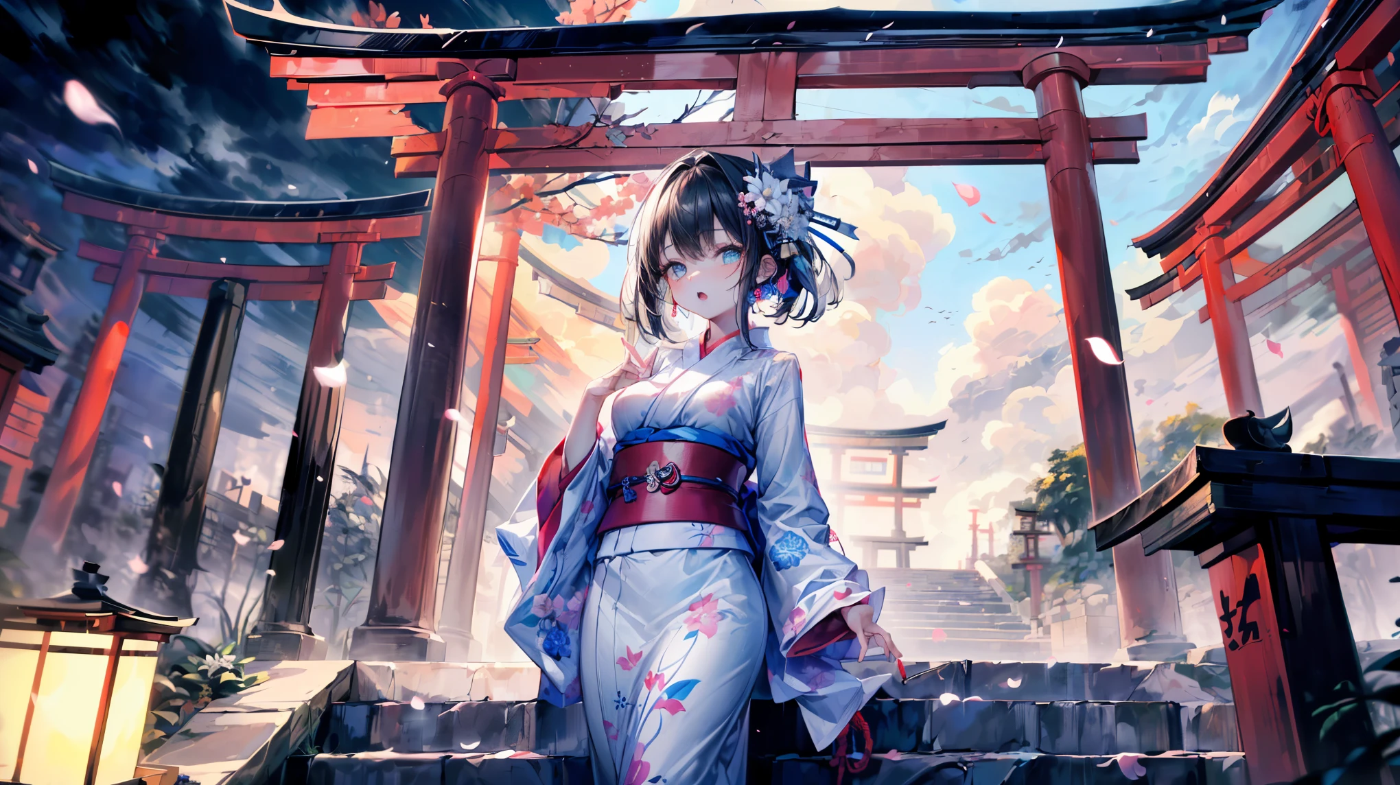 (A 7-year-old girl: 1.2), (a very small girl), changes, (alone), (small breasts), (wide angle), (white lilies), original photos, aesthetics, complexity, victory, control enhancement, contrast between light and dark, best quality, detailed background, (Ooth atmosphere: 1.2) (cloudy sky) (((a girl wearing a cotton kimono: 1.2), large cotton kimono, cotton kimono, long kimono sleeves, best wrinkles, true wrinkles, best shadows, (passing through a misty dark Zen garden), (real location), exquisite and beautiful eyes, casual gestures Detailed texture, posture, (dissecting the correct body, detailed face (with very detailed texture and floral patterns), (black hair), thick hair, hair accessories, Komono, kimono, heart, outdoor activities, pagoda, petals, blue kimono, belt, shrine, sky pornography, stone staircase, Torii, wide sleeves, yukata, (cloudy, Ooth)