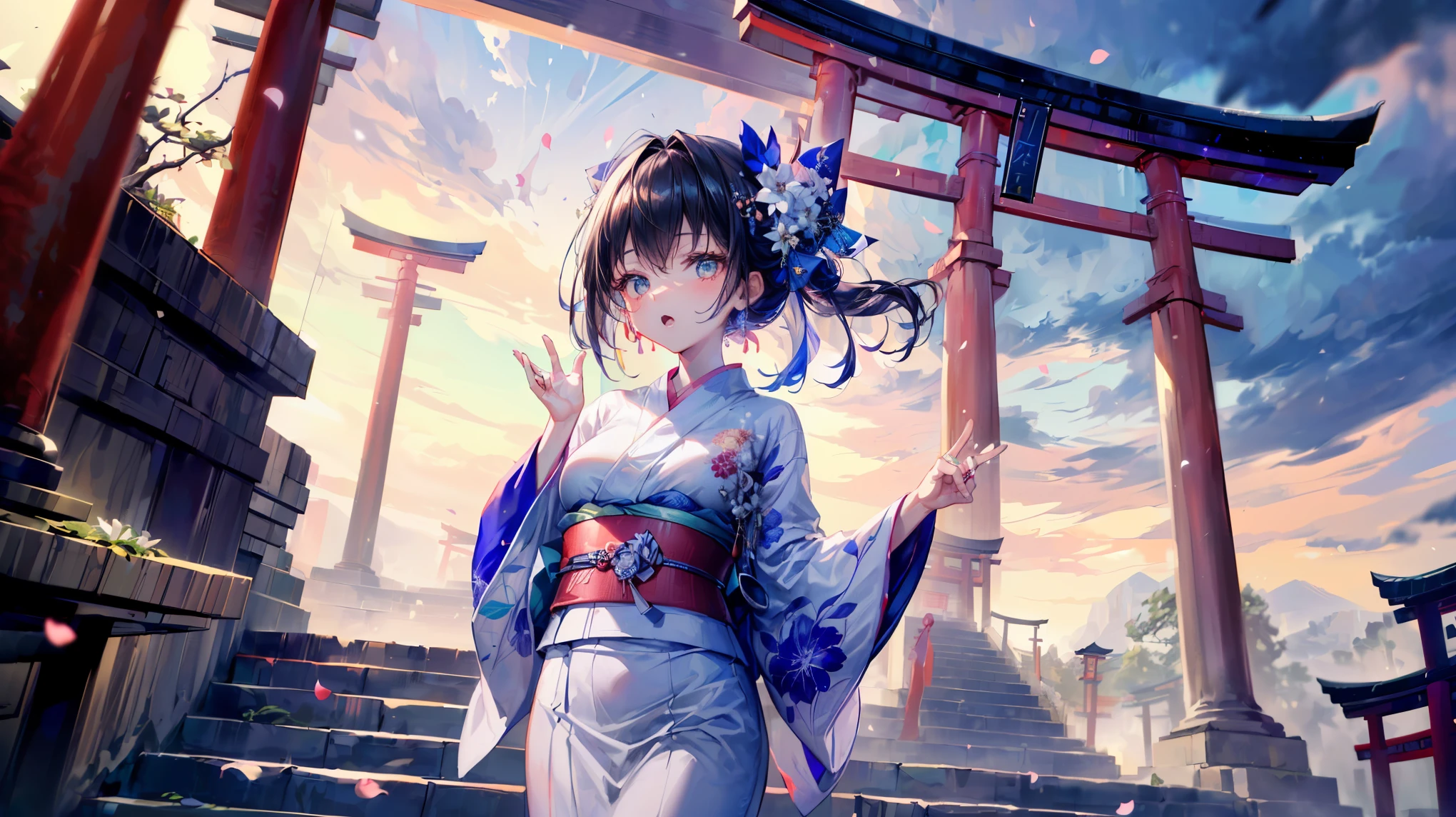 (A 7-year-old girl: 1.2), (a very small girl), changes, (alone), (small breasts), (wide angle), (white lilies), original photos, aesthetics, complexity, victory, control enhancement, contrast between light and dark, best quality, detailed background, (Ooth atmosphere: 1.2) (cloudy sky) (((a girl wearing a cotton kimono: 1.2), large cotton kimono, cotton kimono, long kimono sleeves, best wrinkles, true wrinkles, best shadows, (passing through a misty dark Zen garden), (real location), exquisite and beautiful eyes, casual gestures Detailed texture, posture, (dissecting the correct body, detailed face (with very detailed texture and floral patterns), (black hair), thick hair, hair accessories, Komono, kimono, heart, outdoor activities, pagoda, petals, blue kimono, belt, shrine, sky pornography, stone staircase, Torii, wide sleeves, yukata, (cloudy, Ooth)