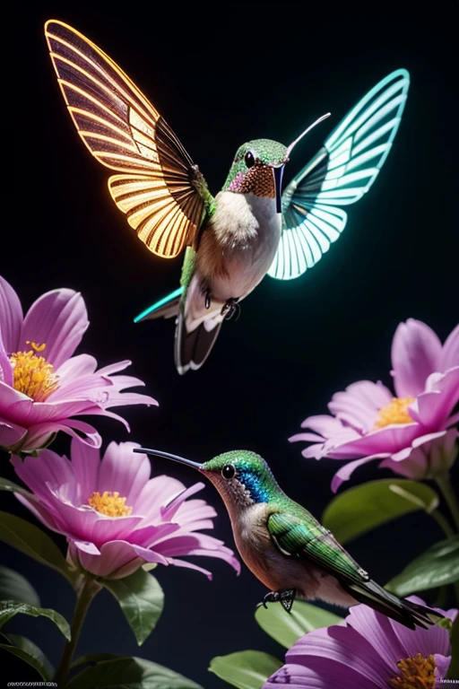 (best quality,highres,ultra-detailed),(realistic,photorealistic:1.37),mechanical hummingbird,plasma-sipping,fantastical,vivid colors,portraits,fluorescent flowers,light source,bokeh,surreal lighting,masterpiece:1.2