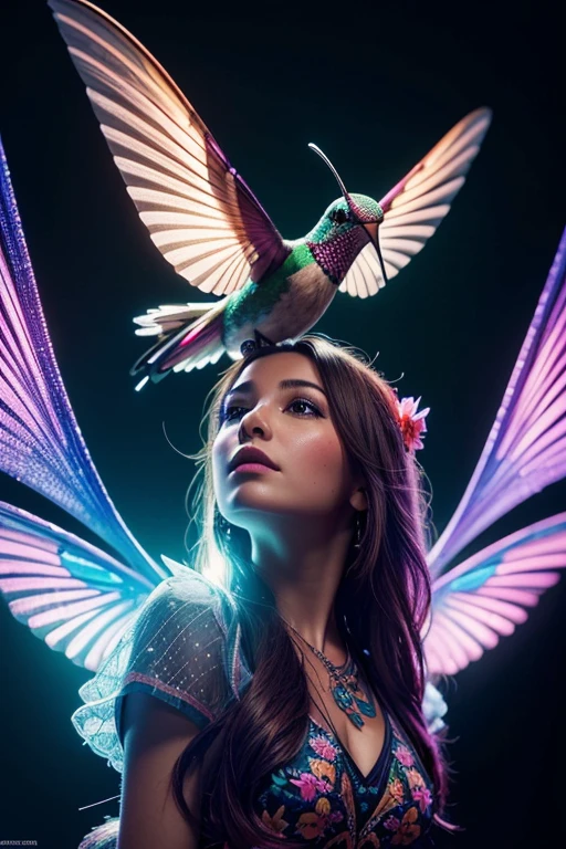 (best quality,highres,ultra-detailed),(realistic,photorealistic:1.37),mechanical hummingbird,plasma-sipping,fantastical,vivid colors,portraits,fluorescent flowers,light source,bokeh,surreal lighting,masterpiece:1.2