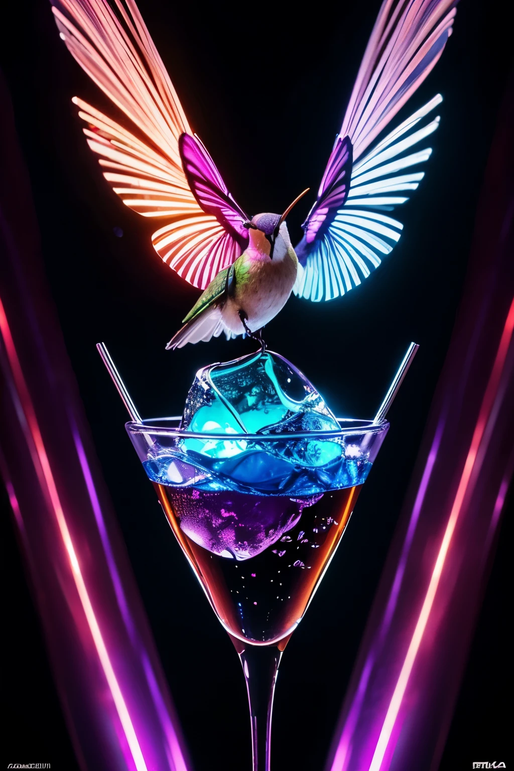 (best quality,highres,ultra-detailed),(realistic,photorealistic:1.37),mechanical hummingbird,plasma-sipping,fantastical,vivid colors,portraits,fluorescent flowers,light source,bokeh,surreal lighting,masterpiece:1.2