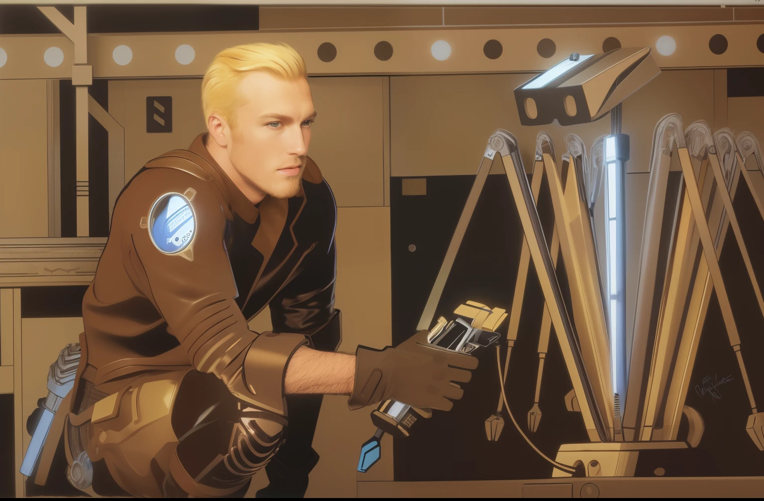 a colored drawing of a man kneeling, holding tech tools, blonde hair, hairy arms, leather gloves, steel background, fixing a robot
