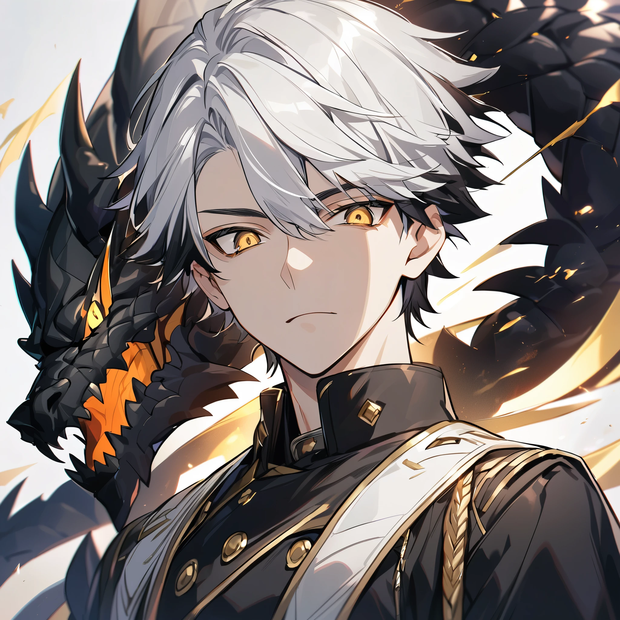 Handsome male, 1male, 17 years old, teenager, golden lining, short white hair, flat cut hair, sharp eyes, gold eyes, devil may cry, close up, calm expression, stoic, black military clothes, black gloves, upper body, looking at viewer, cowboy shot, black dragon background
