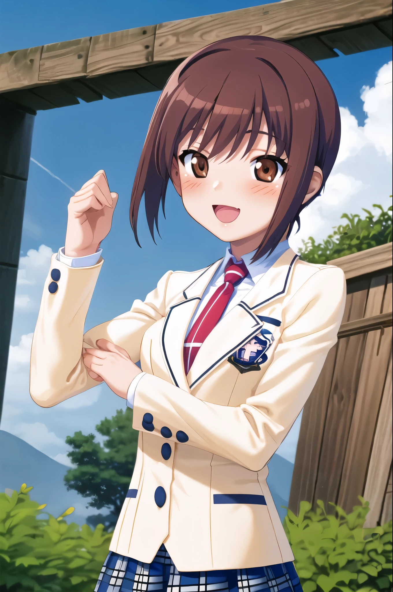 Makaijisuku 2, 1 girl, alone, brown hair, brown eyes, school uniform, blazer, tie, plaid skirt, blush, open your mouth, smile, garden, blue sky, cloud, Upper body, Are standing, dutch angle 