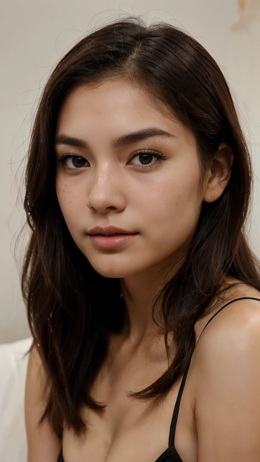 “A teenage of about 27 to 28year old Asian girl with fair skin and brown eyes is looking at the camera. Her almond-shaped eyes have a deep brown iris. She has a soft smile on her naturally pink lips and less dense eyebrows. Her hair is long and black. She has a chubby, oval-shaped face with high cheekbones and a medium-sized nose. Her skin has a natural glow, freckles, and a subtle blush. She is under soft lighting that highlights her skin texture. She is looking upwards, showing her long eyelashes. Her full lips have a natural gloss. She has various expressions, from surprise to laughter. A high-resolution image captures all her skin details. She is posing for a photoshoot with slight makeup, enhancing her natural beauty a little shine in her hair for clarity or texture even tone in skin highly detail photoshoot for the front face from a distance of about 1 to 1.5 metre with slight blush and face structure from urvashi rautela crystal clear skin with natural glow with highly detailing skin smooth texture reduce the amount of blackheads she is having apply her pink lip gloss more detailing like 8k image make mos bone smooth. moe photoshoot pictures from diffrent angles and diffrent sides such as left , right , front , side face no diffrence in face structure face should be same i just need variation in angles and sides of the face 