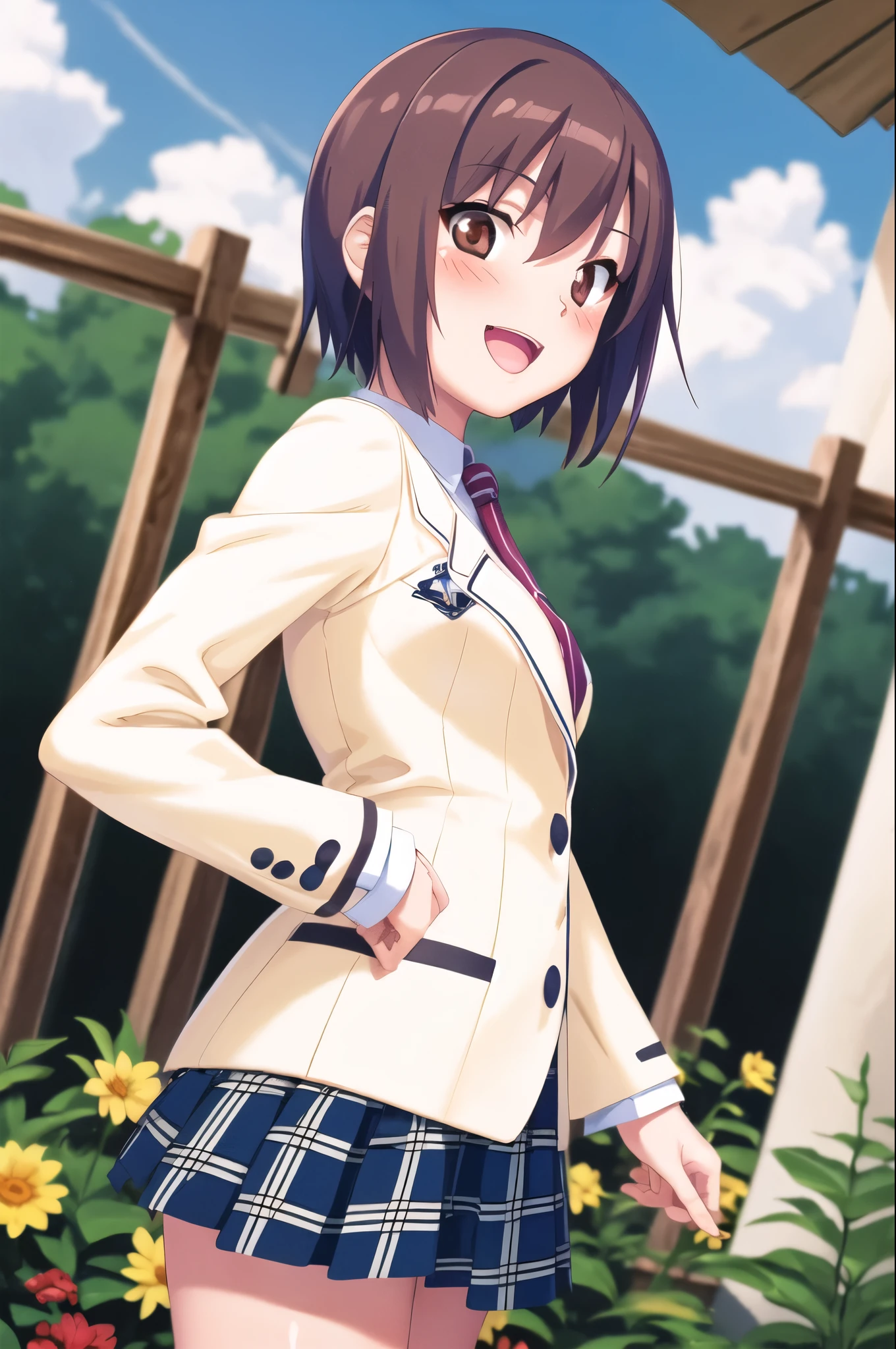 Makaijisuku 2, 1 girl, alone, brown hair, brown eyes, school uniform, blazer, tie, plaid skirt, blush, open your mouth, smile, garden, blue sky, cloud, Upper body, Are standing, dutch angle 