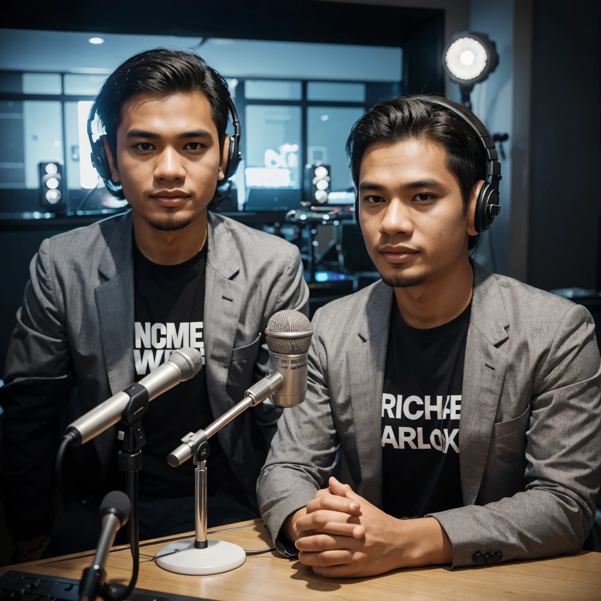 a reallistic caricature, a young Indonesian man sitting in front of a screen, a chest-high table in front of him, wearing a blazer and a t-shirt that says "RICHIE MARLUGA", in a recording studio, apparently explaining something