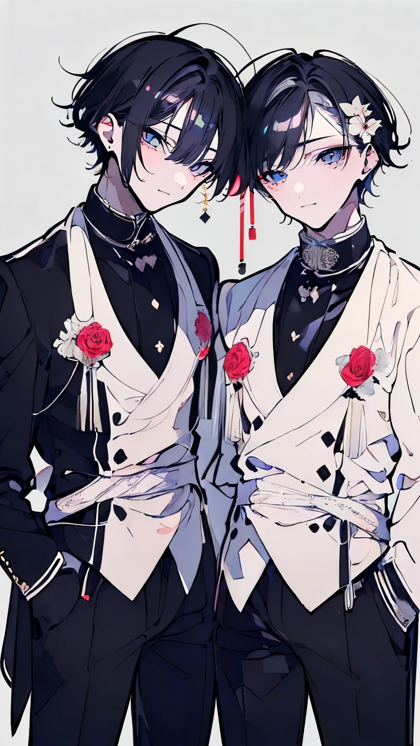 very detailed, ((two friendly young men:1.5)), perfect face, beautiful face, very detailed顔，(black-haired young man:1.3)，(white-haired young man:1.3)，ruffle shirt，smile，flower