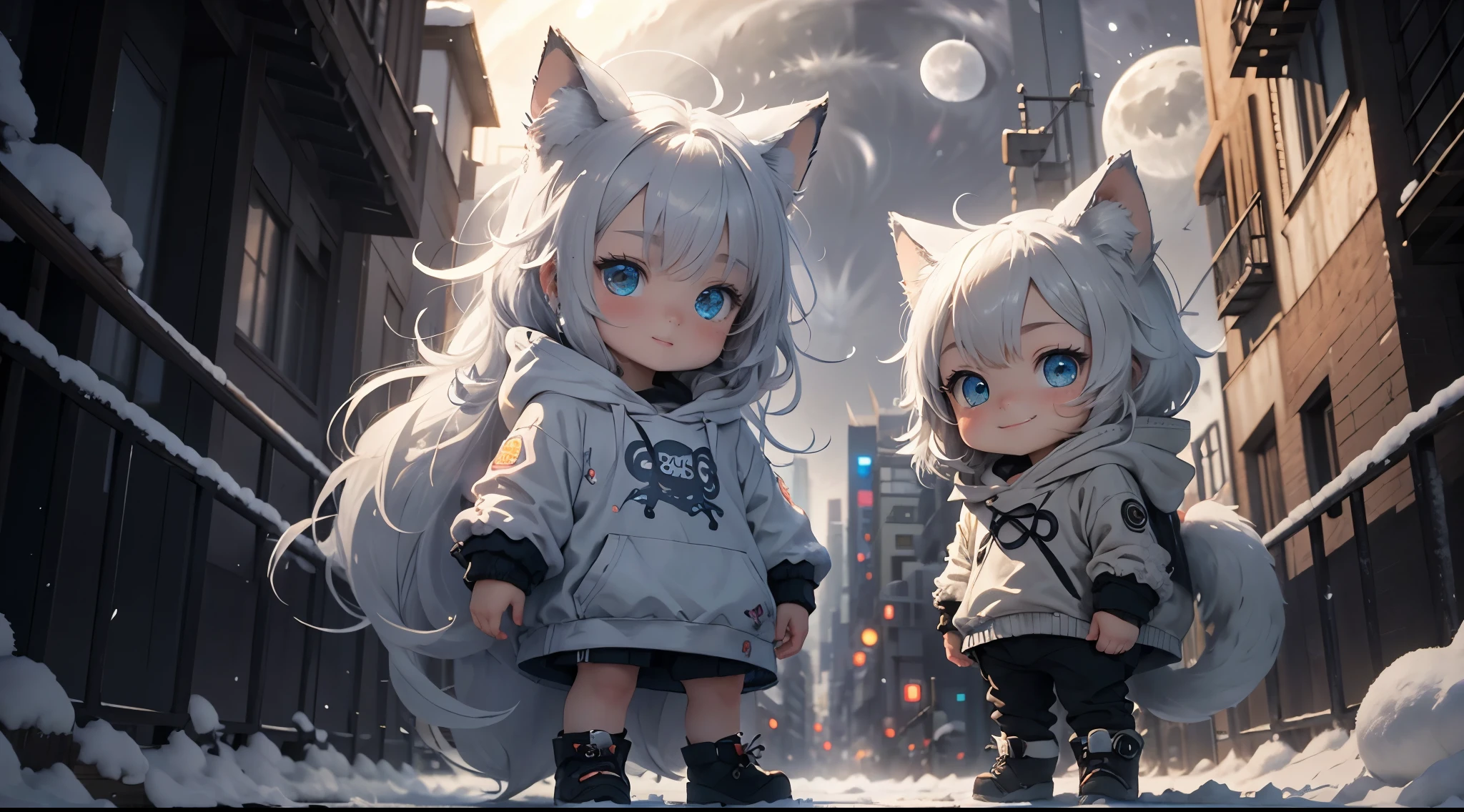 masterpiece、highest quality、highest resolution, 3D rendering、(full moon:1.5),The bright background is a blue and green cyberpunk city、from diagonally above、(standing:1.5)、(Too cute smile:1.4)、Digital Art Style Baby Chibi, big head, cute blue eyes, My eyes sparkle、Full body Esbian、cute pose,Pure、snow white hoodie style、A cute silver wolf is at my feet,Niji,lovely、detailed、rosy cheeks,Depth of the bounds written_shallow