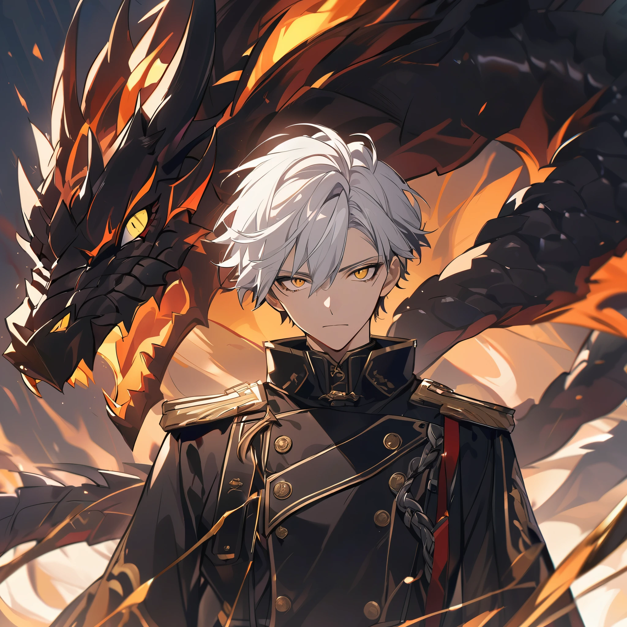 Handsome male, 1male, 17 years old, teenager, golden lining, short white hair, flat cut hair, sharp eyes, gold eyes, devil may cry, close up, calm expression, stoic, black military clothes, black gloves, upper body, looking at viewer, cowboy shot, black dragon background