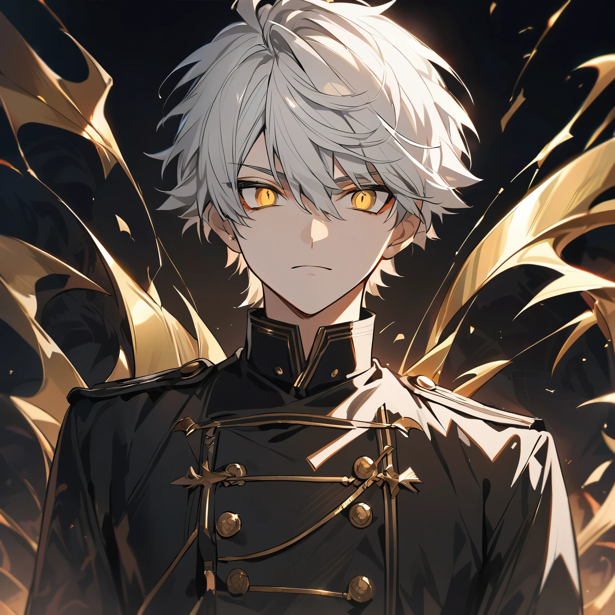 Handsome male, 1male, 17 years old, teenager, golden lining, short white hair, flat cut hair, sharp eyes, gold eyes, devil may cry, close up, calm expression, stoic, black military clothes, black gloves, upper body, looking at viewer, cowboy shot, black dragon background