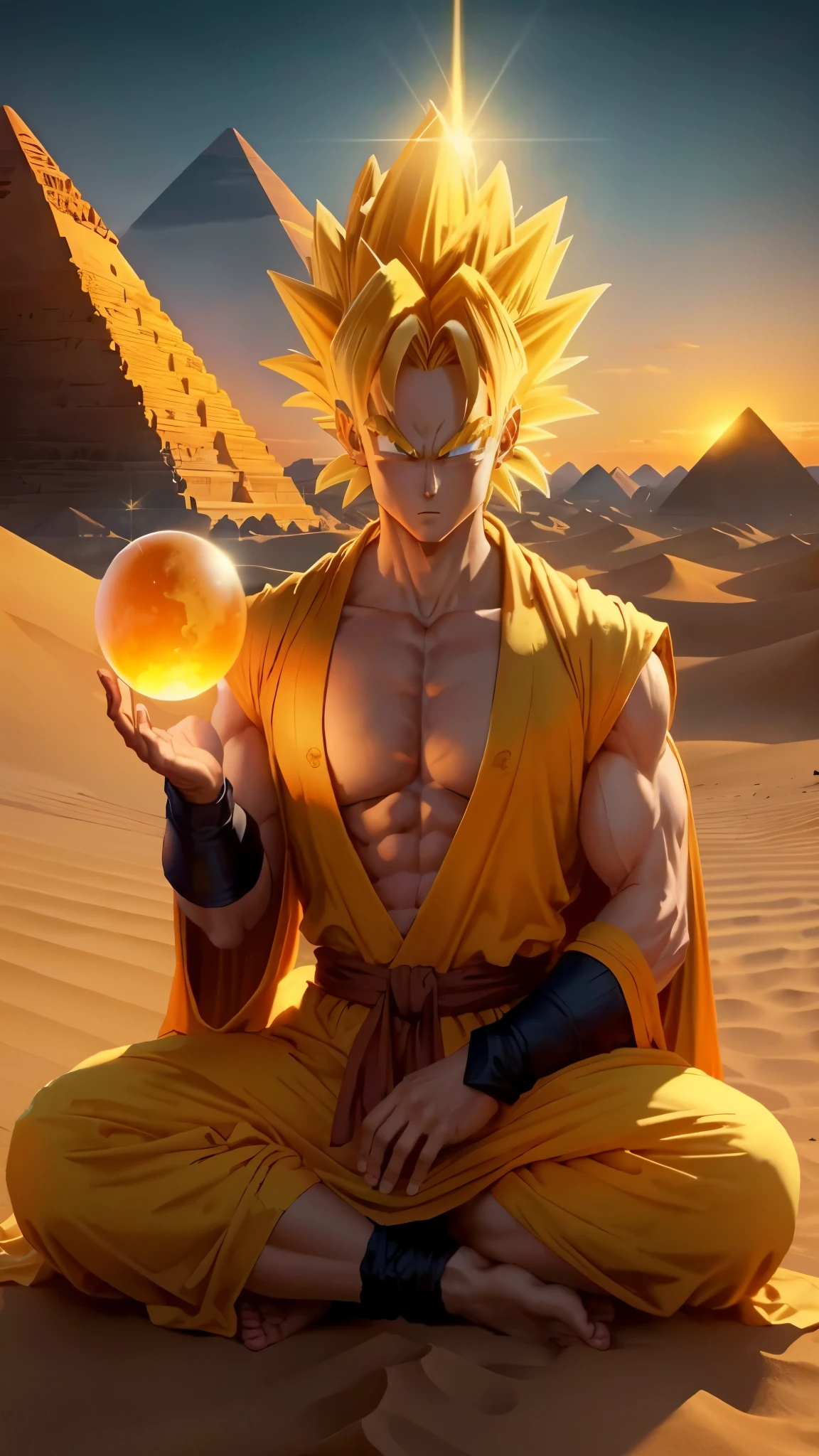 ((best quality)), ((masterpiece)), ((actual)), ((super saiyan)) with orange halo, in a desert  landscape, Sand dunes and pyramids as background, Wearing and orange robe, Holding a crystal ball, and the mysterious expression on his face. at eye level, breath-taking scenery, masterpiece.