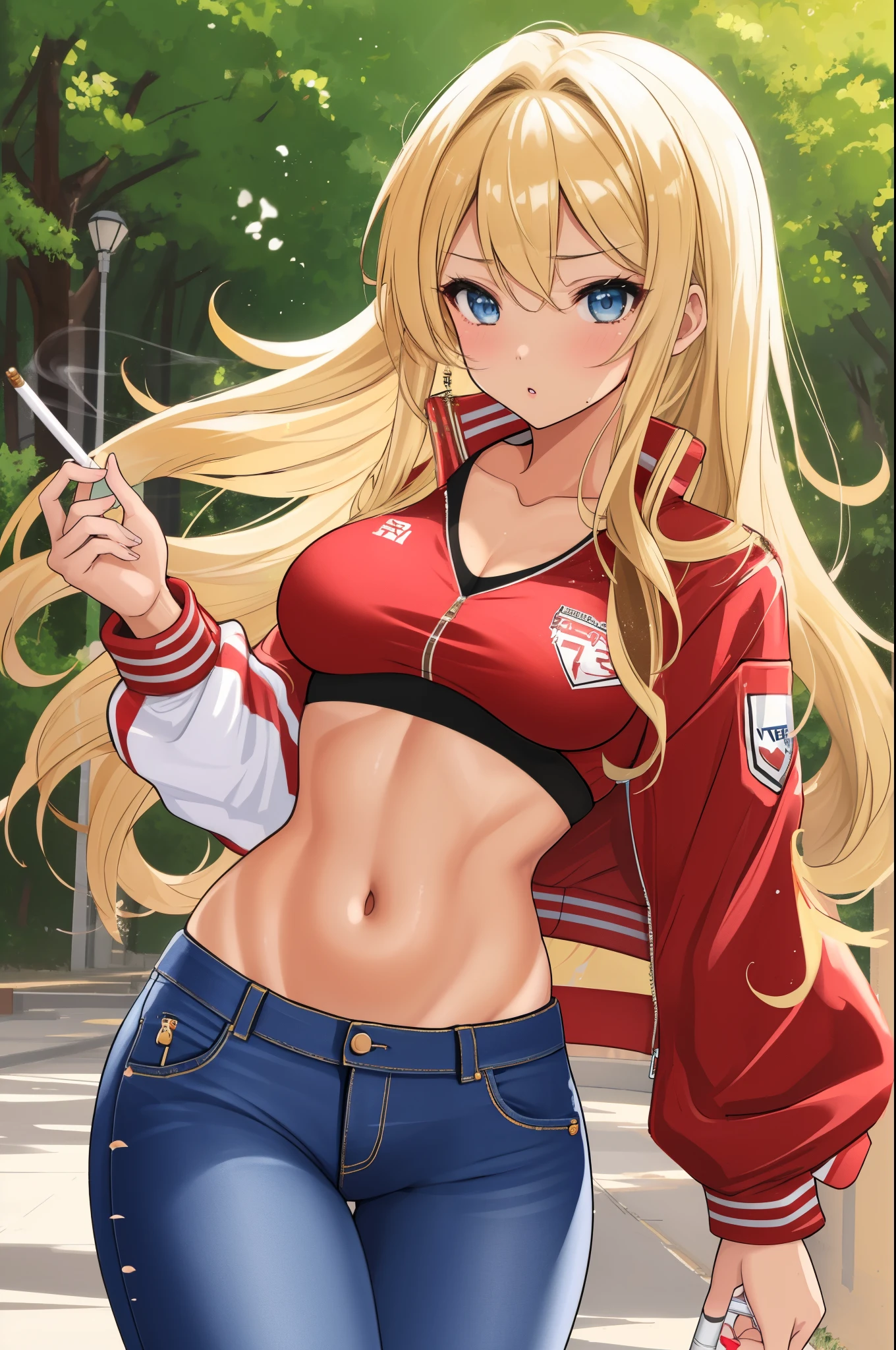 (masterpiece), best quality, expressive eyes, perfect face, Blonde with a brown highlights on the top of the hair, Brazen vibe, Lustrous Reverse Hourglass figure, wearing skimpy clothes, Slim body and slight muscular,

((Sunkissed Tan Skin)),((Gyaru)),((Delicate Details)),((Holding a Cigarette)),((Wearing a Jeans, sports bra and a Red jacket)),((Enigmatic Expression)),((in the school grounds)) , 1girl, clean lineart, solid shading, vibrant colors, warm palette, expressive, 