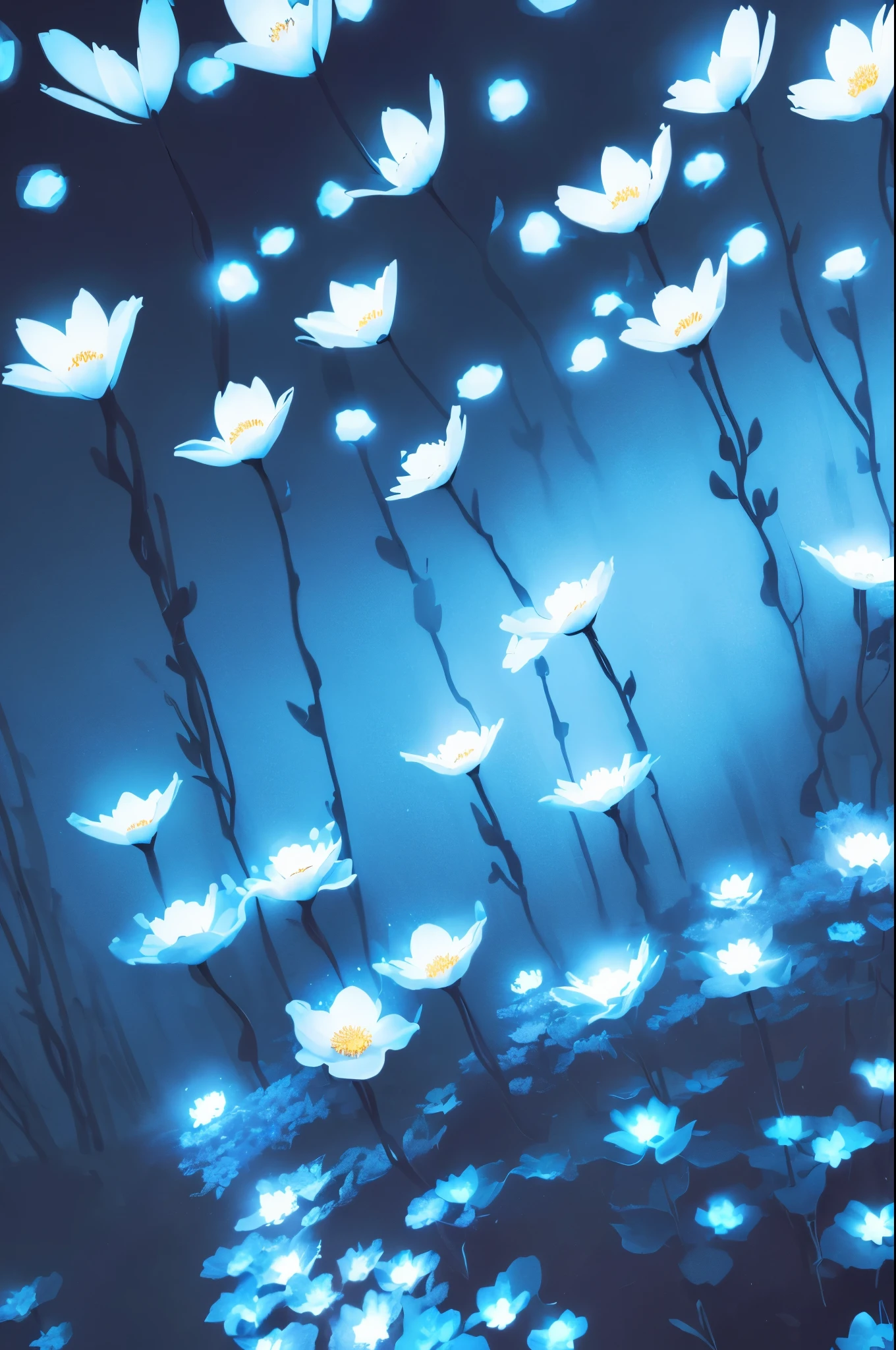 flowers in the night with a crescent and stars above them, glowing flowers, 🌺 cgsociety, luminous flowers, soft flowers, glowing delicate flower, magical flowers, glowing, by Yang J, loish and wlop, by Ni Tian, glowing lights! digital painting, ross tran. scenic background, pretty flowers, glowing neon flowers, by Ross Tran, soft digital painting