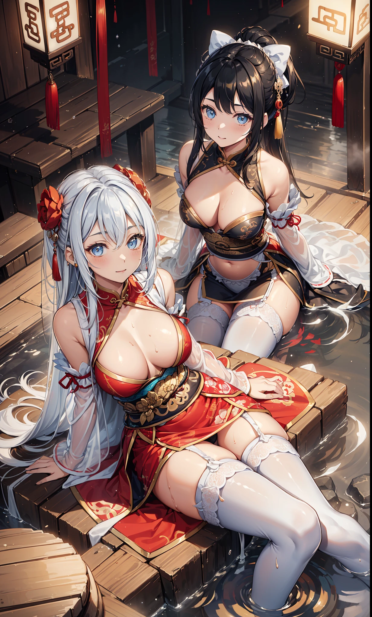top quality,best resolution,(Soaked black and gold long cheongsam),super detailed, White double ponytail hair,20 years old young girl,Gorgeous的雕纹,Design intricate clothes,blue eyes,she has earrings, wealth,Gorgeous, imagine,Elegant and charming,Slightly curvy figure,((White transparent white garter stockings)),((people submerged in water,Adjacent to ancient Chinese hot springs,Foggy weather,Fantasy magic)),night,Glamorous pose,Repair legs