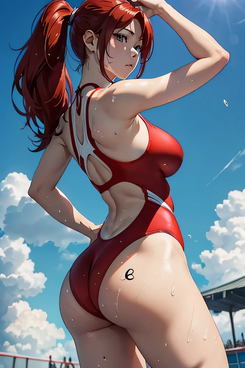 low angle shot,shoot down and up、Back photo。Show her ass,actual、Super high chroma、8k、Long red hair(((30 year old woman)))、((((She is wearing a red competition swimsuit。))))、competitive swimmer、big breasts、Thick thighs、Pay attention to muscle development。競泳プールolympic Comcompetitive swimmerics stadium 美しい顔, Highly detailed face and skin textures, (natural cheeks, skin shiny, White skin,Sweating 1.0、(((vitality)))