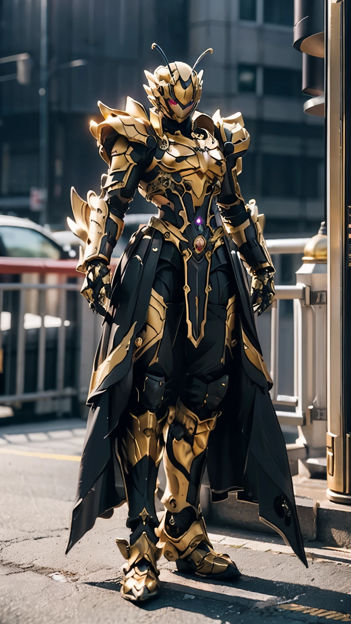 A woman adorned in fantasy-style full-body armor, a crown-concept fully enclosed helmet that unveils only her eyes, a composite layered chest plate, fully encompassing shoulder and hand guards, a lightweight waist armor, form-fitting shin guards, the overall design is heavy-duty yet flexible, ((the armor gleams with a golden glow, complemented by red and blue accents)), exhibiting a noble aura, she floats above a fantasy-surreal high-tech city, this character embodies a finely crafted fantasy-surreal style armored hero in anime style, exquisite and mature manga art style, (Queen bee mixed with Spider concept Armor, night sky, city night view, photorealistic:1.2, real texture material:1.2), ((elegant, goddess, femminine:1.5)), Unreal Engine 5, metallic, high definition, best quality, highres, ultra-detailed, ultra-fine painting, extremely delicate, professional, anatomically correct, symmetrical face, extremely detailed eyes and face, high quality eyes, creativity, RAW photo, UHD, 32k, Natural light, cinematic lighting, masterpiece-anatomy-perfect, masterpiece:1.5