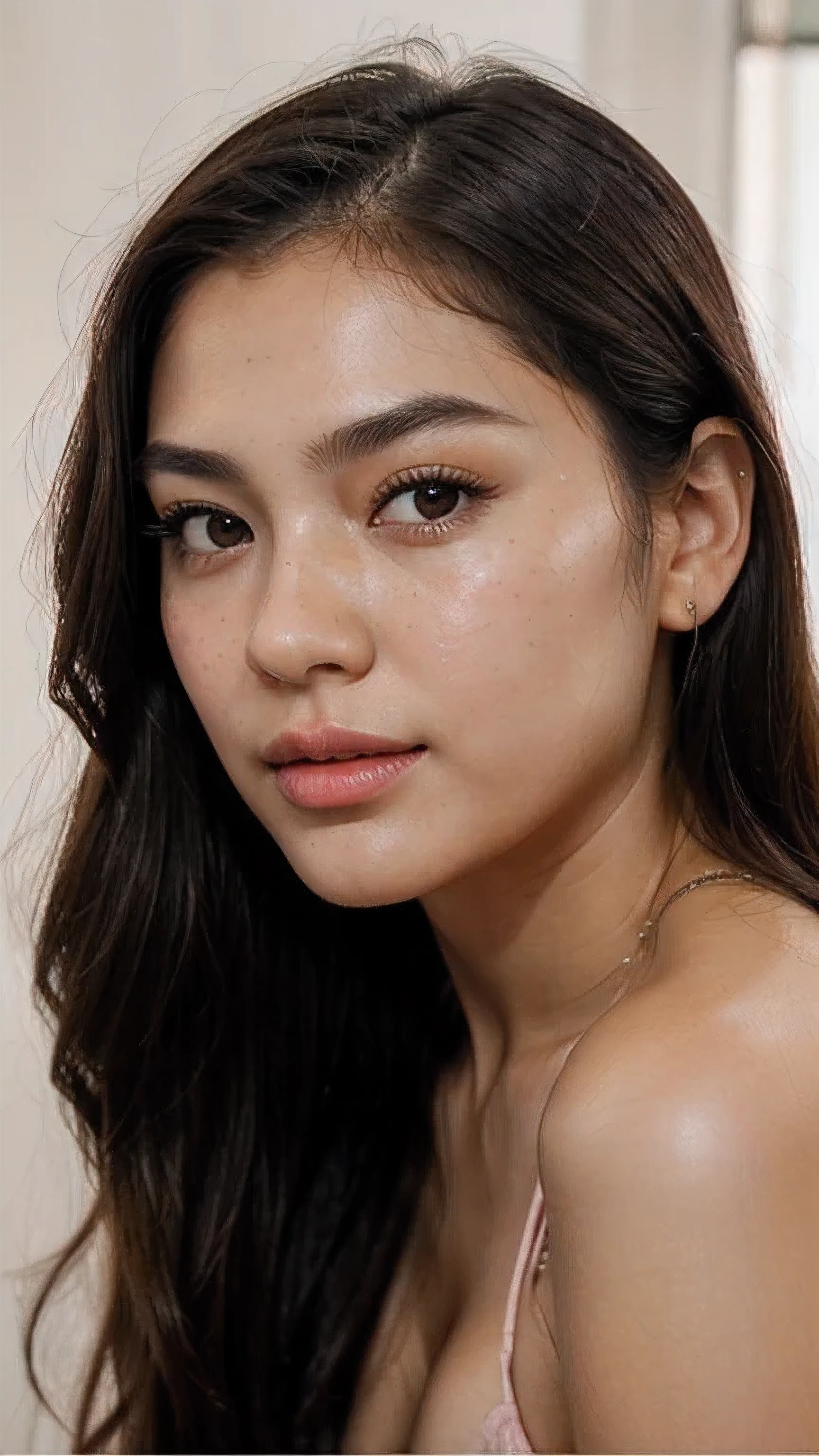 “A teenage of about 27 to 28year old Asian girl with fair skin and brown eyes is looking at the camera. Her almond-shaped eyes have a deep brown iris. She has a soft smile on her naturally pink lips and less dense eyebrows. Her hair is long and black. She has a chubby, oval-shaped face with high cheekbones and a medium-sized nose. Her skin has a natural glow, freckles, and a subtle blush. She is under soft lighting that highlights her skin texture. She is looking upwards, showing her long eyelashes. Her full lips have a natural gloss. She has various expressions, from surprise to laughter. A high-resolution image captures all her skin details. She is posing for a photoshoot with slight makeup, enhancing her natural beauty a little shine in her hair for clarity or texture even tone in skin highly detail photoshoot for the front face from a distance of about 1 to 1.5 metre with slight blush and face structure from urvashi rautela crystal clear skin with natural glow with highly detailing skin smooth texture reduce the amount of blackheads she is having apply her pink lip gloss more detailing like 8k image make mos bone smooth dtailed photoshoot from right side and front side of the face same face bt the angle of photoshoot of this model should be from right side and frot side 