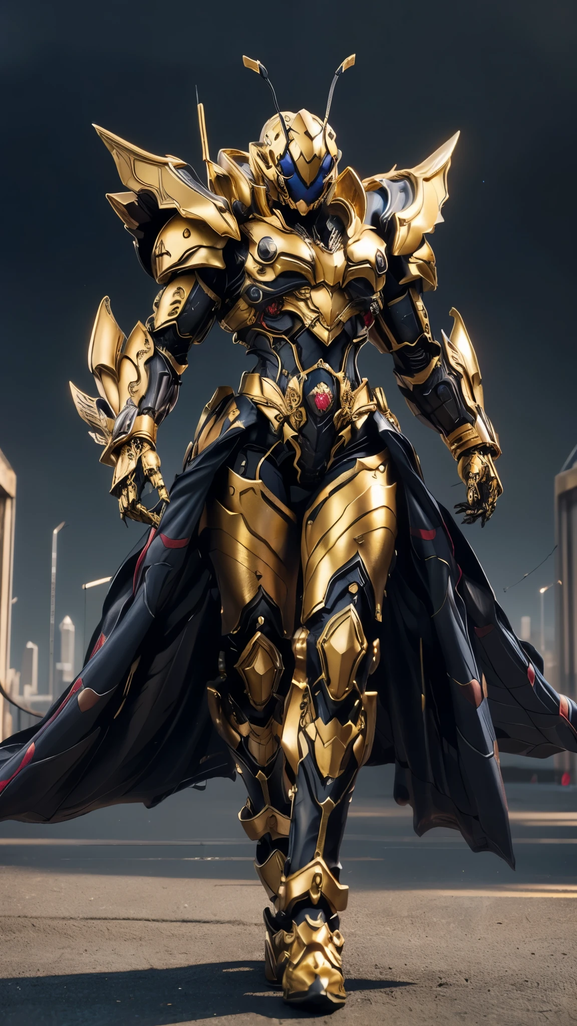 A woman adorned in fantasy-style full-body armor, a crown-concept fully enclosed helmet that unveils only her eyes, a composite layered chest plate, fully encompassing shoulder and hand guards, a lightweight waist armor, form-fitting shin guards, the overall design is heavy-duty yet flexible, ((the armor gleams with a golden glow, complemented by red and blue accents)), exhibiting a noble aura, she floats above a fantasy-surreal high-tech city, this character embodies a finely crafted fantasy-surreal style armored hero in anime style, exquisite and mature manga art style, (Queen bee mixed with Spider concept Armor, night sky, city night view, photorealistic:1.2, real texture material:1.2), ((elegant, goddess, femminine:1.5)), Unreal Engine 5, metallic, high definition, best quality, highres, ultra-detailed, ultra-fine painting, extremely delicate, professional, anatomically correct, symmetrical face, extremely detailed eyes and face, high quality eyes, creativity, RAW photo, UHD, 32k, Natural light, cinematic lighting, masterpiece-anatomy-perfect, masterpiece:1.5