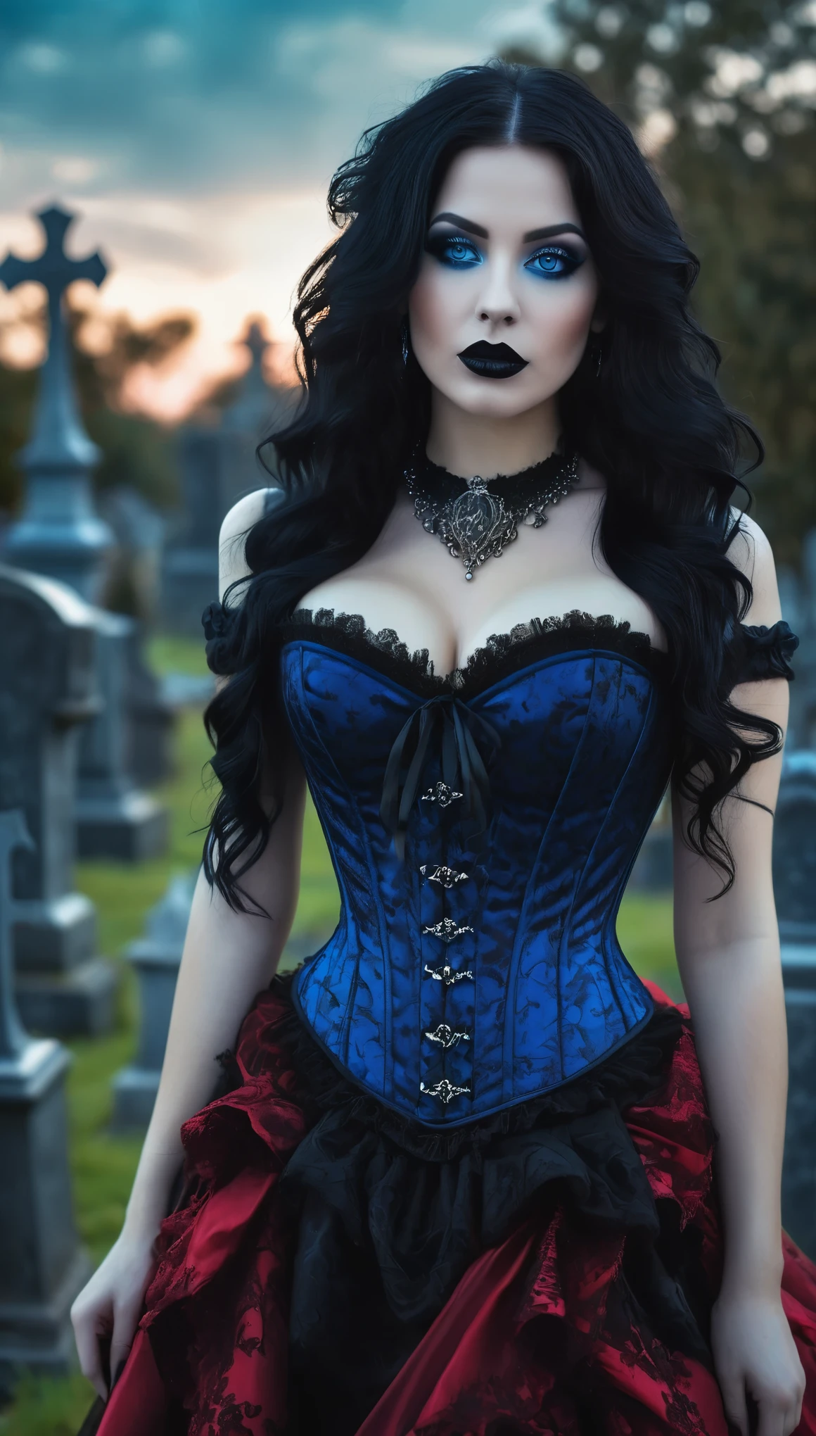 A beautiful woman, hourglass figure, large breast , long black hair, black lipstick, bright blue eyes, seductive Goth style with Goth jewelry, wearing a Victorian corset in Duotone [red and black] style, standing in a cemetery  in the early morning in Fogcore style. hyper realism, 8k high definition, vibrant colors, sharp focus, insanely detailed