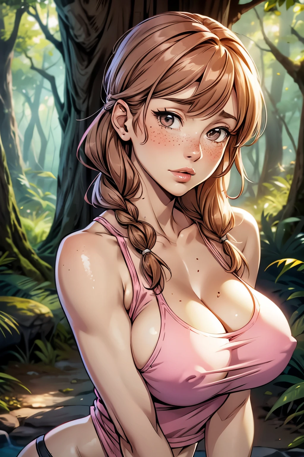 woman, (mature:1.5), big breast, pink_tank_top, no pants, tight thong, cameltoe, brown braided hair, cleavage, looking to side, freckles, blush, forest landscape, curtain bangs