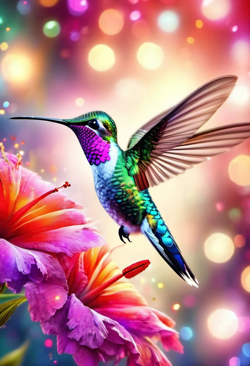(best quality,4k,8k,highres,masterpiece:1.2),ultra-detailed,(realistic,photorealistic,photo-realistic:1.37),colorful hummingbird,beautiful feathers,long beak,fast flapping wings,flying in mid-air,small bird,elegant creature,nature's jewel,hovering over blooming flowers,vibrant garden,exotic bird species,delicate bird movements,vivid colors,sunlight illuminating the wings,hummingbird feeding on nectar,tiny bird in a magnificent world,sparkling iridescent plumage,sharp focus,green foliage,crimson flowers,detailed leaves and petals,tropical paradise,,macro shot,translucent wings,playful flight patterns,feathers glistening in the sunlight