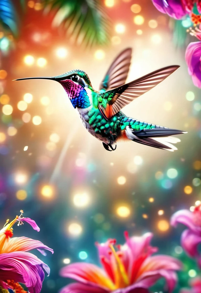 best quality,ultra-detailed,realistic,breathtaking hummingbird, vibrant feathers, delicate wings, hovering in mid-air, surrounded by colorful flowers, tropical paradise, bokeh lights, vibrant colors, close-up of detailed features, nature's marvel, exquisite beauty