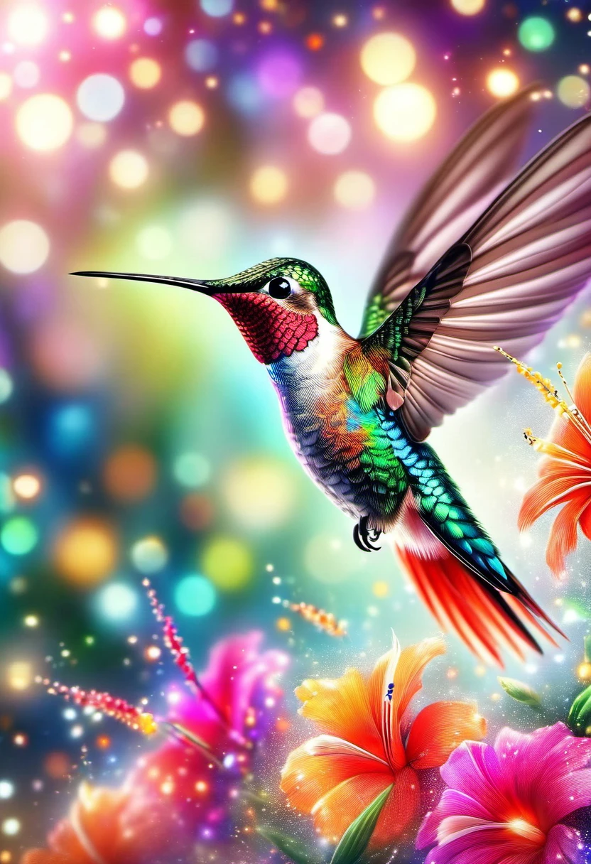 (best quality,4k,8k,highres,masterpiece:1.2),ultra-detailed,(realistic,photorealistic,photo-realistic:1.37),colorful hummingbird,beautiful feathers,long beak,fast flapping wings,flying in mid-air,small bird,elegant creature,nature's jewel,hovering over blooming flowers,vibrant garden,exotic bird species,delicate bird movements,vivid colors,sunlight illuminating the wings,hummingbird feeding on nectar,tiny bird in a magnificent world,sparkling iridescent plumage,sharp focus,green foliage,crimson flowers,detailed leaves and petals,tropical paradise,,macro shot,translucent wings,playful flight patterns,feathers glistening in the sunlight