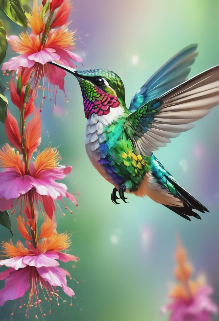 (best quality,4k,8k,highres,masterpiece:1.2),ultra-detailed,(realistic,photorealistic,photo-realistic:1.37),colorful hummingbird,beautiful feathers,long beak,fast flapping wings,flying in mid-air,small bird,elegant creature,nature's jewel,hovering over blooming flowers,vibrant garden,exotic bird species,delicate bird movements,vivid colors,sunlight illuminating the wings,hummingbird feeding on nectar,tiny bird in a magnificent world,sparkling iridescent plumage,sharp focus,green foliage,crimson flowers,detailed leaves and petals,tropical paradise,,macro shot,translucent wings,playful flight patterns,feathers glistening in the sunlight