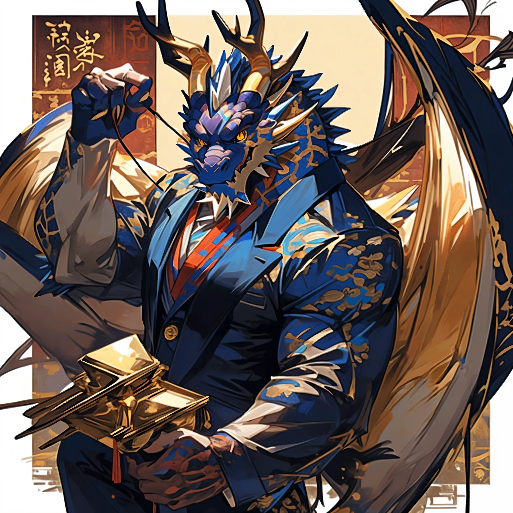 Chinese style,Chinese dragon,Shenlong,Oriental Dragon,black dragon,male,antlers,dragon beard,Black dragon scales,There are sky blue embellishments on the body,Blue stripes,golden pupils,no wings,Strong build,tall and strong,Handsome,muscle,Glasses,Gold-rimmed glasses,Suit,Formal wear,Gentle scum,lawyer,Elite,full body portrait