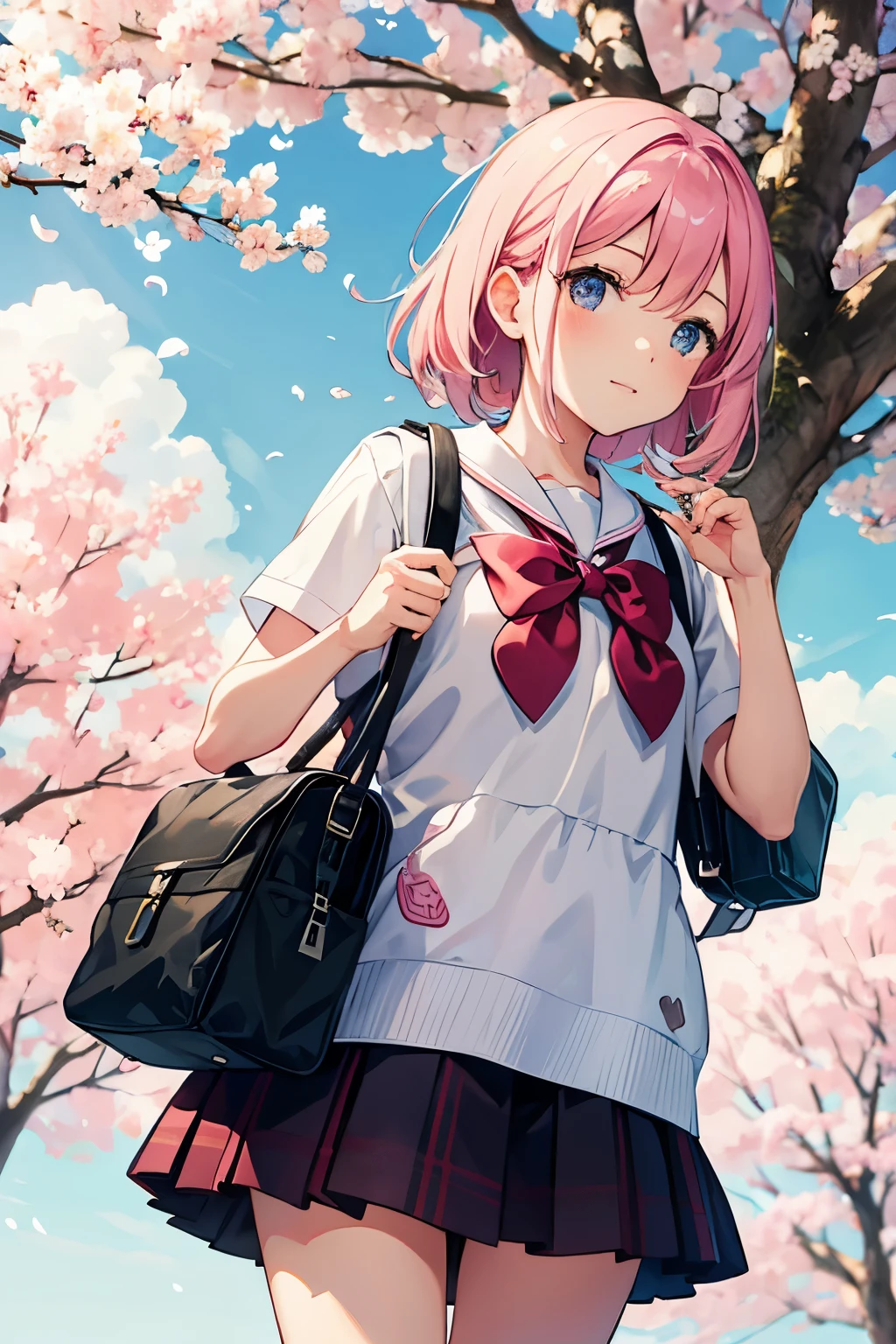 Cherry blossom trees、((( carrying a school bag)))