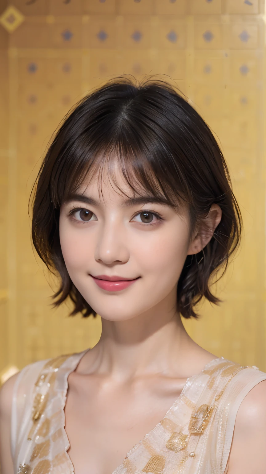 176 short hair, 20 year old woman, gentle smile, (The background is a magic square,fractal art:1.46)