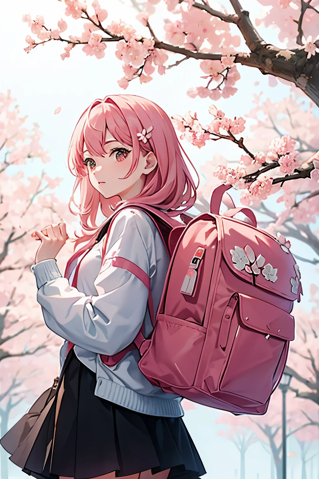 Pink dress, skirt pulled up, backpack on, when she turns around, blue eyes, blush: 1.1, disgusted face: 1.0, frilly underwear, cherry blossom trees, background blur,