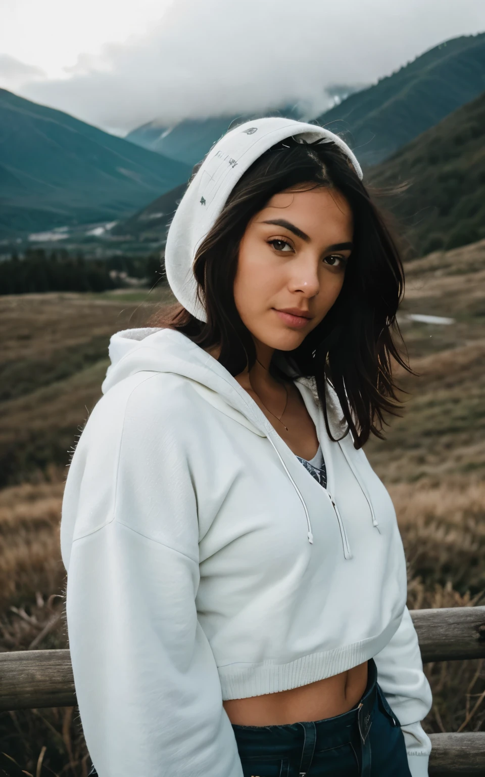 fotorrealista, Mejor calidad, hiper detallado, mujer hermosa, foto autofoto, parte superior del cuerpo, solo, vistiendo jersey, al aire libre, (noche), mountains, naturaleza de la vida real, estrellas, ..dos, (feliz, Feliz), saco de dormir, Guantes, sweater, hood, lanterna, en casa, madera, humo ondulante, nacido en la niebla, cielo limpio, analog style, Mirando al espectador, textura de la piel, film grain, de cerca, Ultra high resolution, mejor sombra, ..CRUDO, LUT hacer instagram. Make as mockup for graphic design.