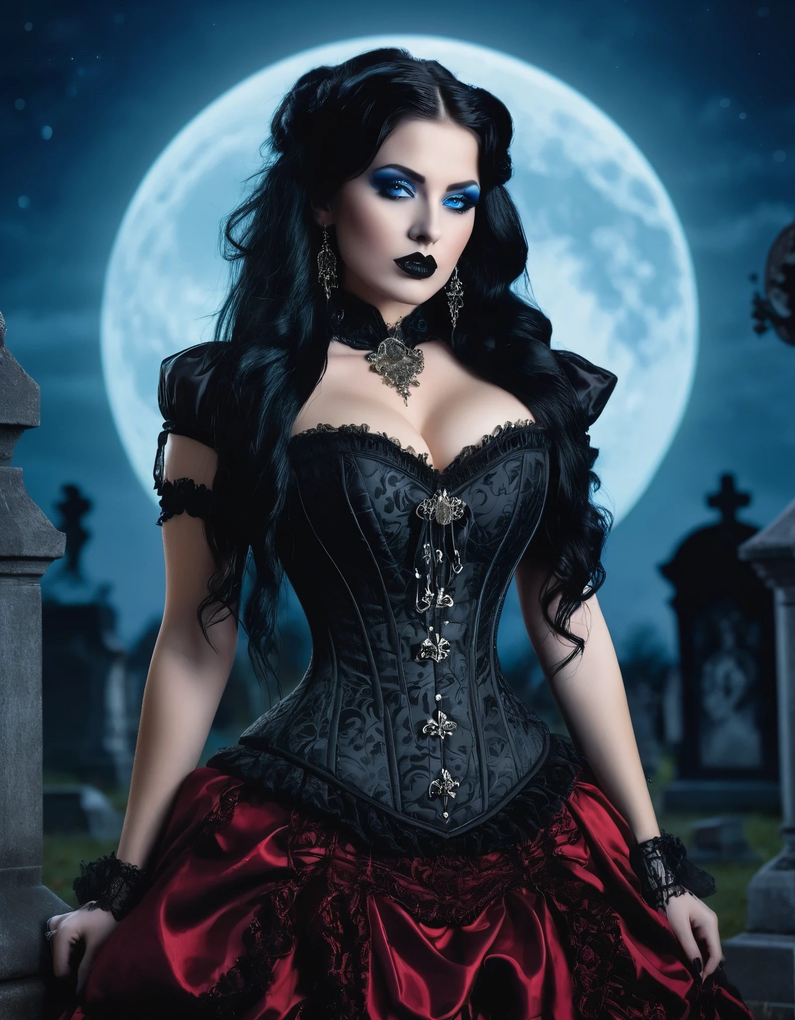 A beautiful woman, hourglass figure, large breast , long black hair, black lipstick, blue eyes, seductive Goth style with Goth jewelry, wearing a (ornate Victorian corset in Duotone [red and black] style:1.3), standing in a cemetery  in the early at night under a full moon, (Fogcore style:1.3), (full body:1.3), hyper realism, 8k high definition, vibrant colors, sharp focus, insanely detailed