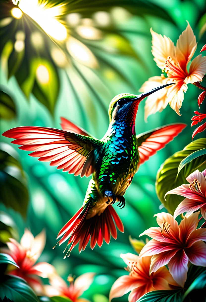 (best quality,4k,8k,highres,masterpiece:1.2),ultra-detailed,(realistic,photorealistic,photo-realistic:1.37),colorful hummingbird,beautiful feathers,long beak,fast flapping wings,flying in mid-air,small bird,elegant creature,nature's jewel,hovering over blooming flowers,vibrant garden,exotic bird species,delicate bird movements,vivid colors,sunlight illuminating the wings,hummingbird feeding on nectar,tiny bird in a magnificent world,sparkling iridescent plumage,sharp focus,green foliage,crimson flowers,detailed leaves and petals,tropical paradise,,macro shot,translucent wings,playful flight patterns,feathers glistening in the sunlight