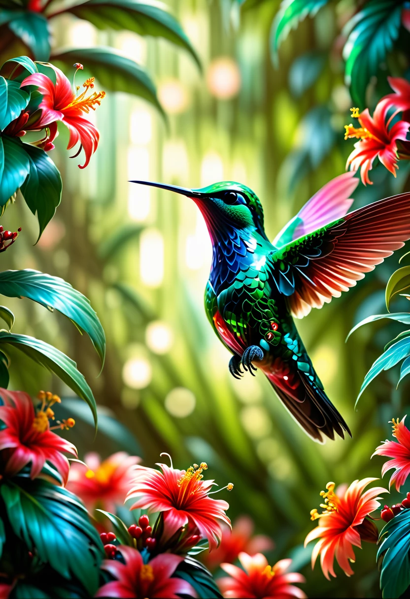 (best quality,4k,8k,highres,masterpiece:1.2),ultra-detailed,(realistic,photorealistic,photo-realistic:1.37),colorful hummingbird,beautiful feathers,long beak,fast flapping wings,flying in mid-air,small bird,elegant creature,nature's jewel,hovering over blooming flowers,vibrant garden,exotic bird species,delicate bird movements,vivid colors,sunlight illuminating the wings,hummingbird feeding on nectar,tiny bird in a magnificent world,sparkling iridescent plumage,sharp focus,green foliage,crimson flowers,detailed leaves and petals,tropical paradise,,macro shot,translucent wings,playful flight patterns,feathers glistening in the sunlight